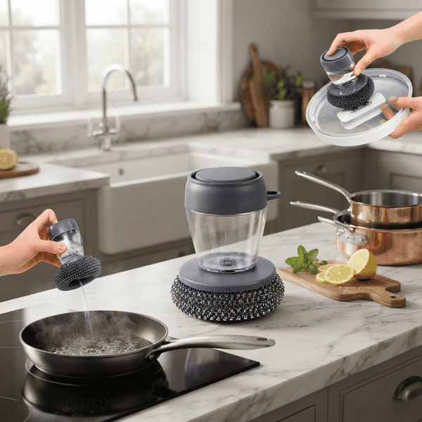 Soap Dispensing Kitchen Scrubber Brush | Steel Wire Cleaning Ball